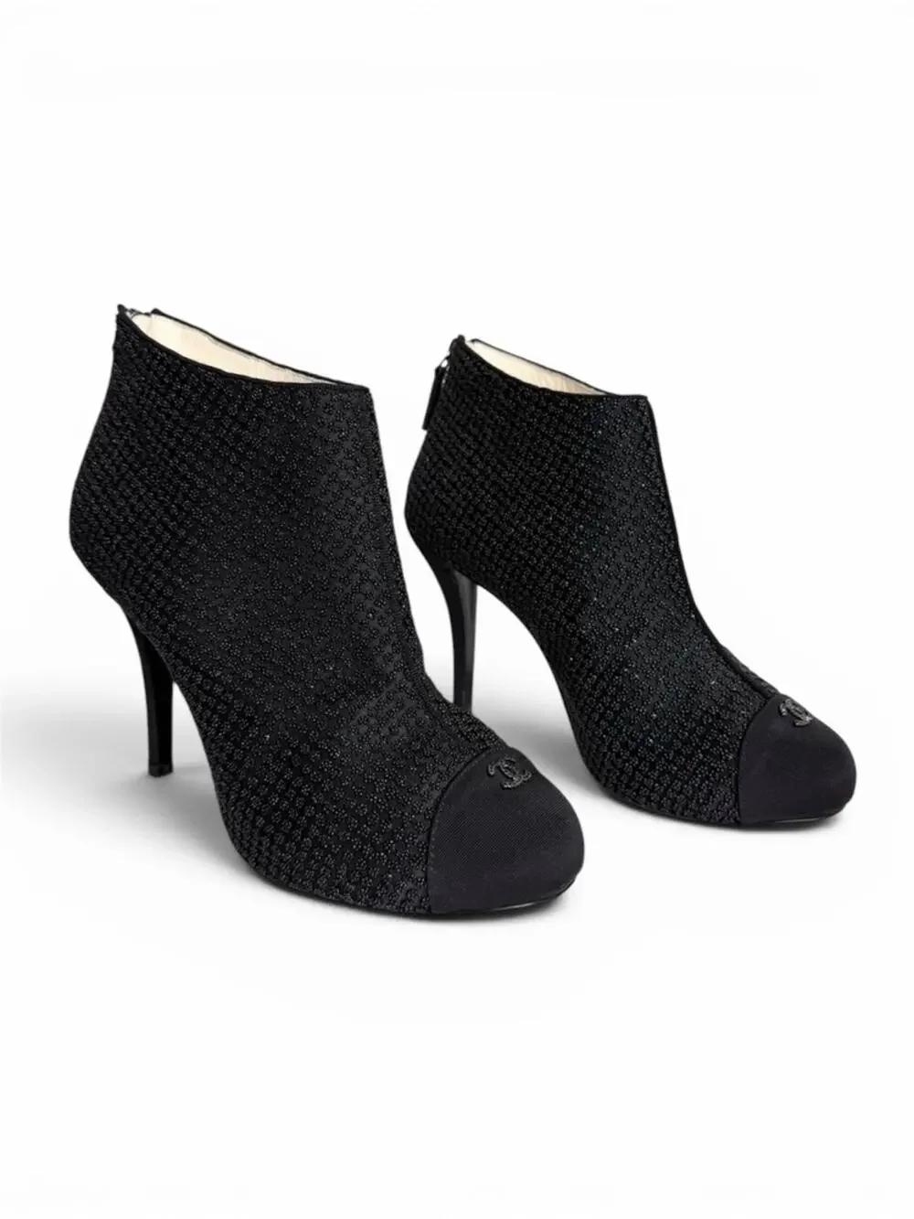 Chanel Beaded Ankle Booties Black Cap Toe Heels 38.5 CC Logo